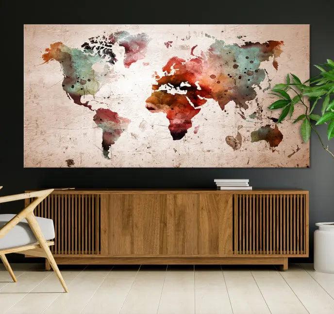 The living room features the Watercolor World Map Wall Art Canvas Print on gallery-wrapped, museum-quality canvases. Its UV-protective coating ensures the artwork's lasting vibrancy.