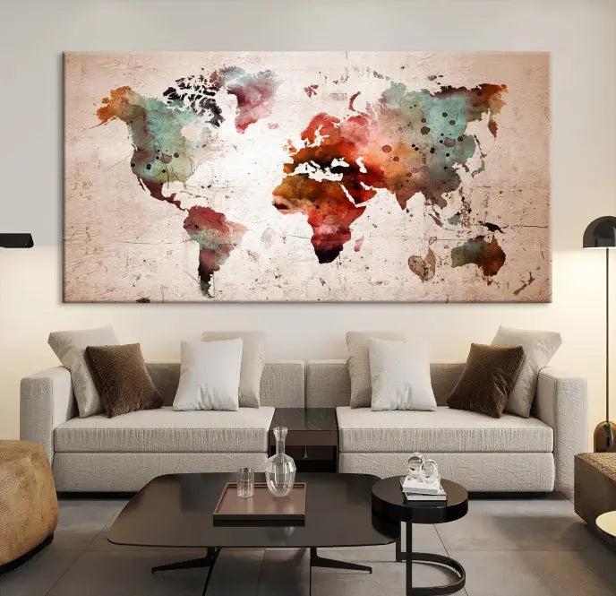 The living room features the Watercolor World Map Wall Art Canvas Print on gallery-wrapped, museum-quality canvases. Its UV-protective coating ensures the artwork's lasting vibrancy.