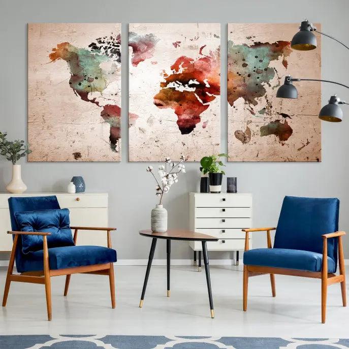 Watercolor World Map Wall Art Canvas Print 