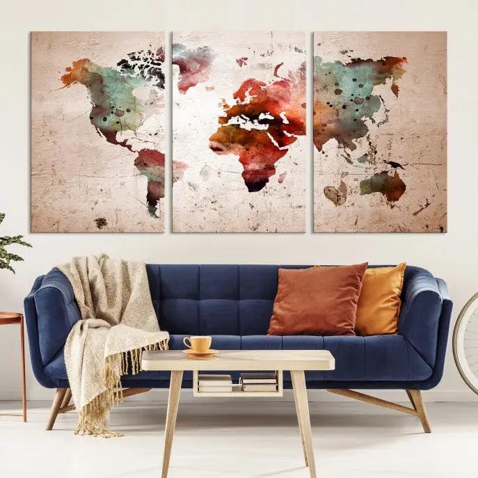 Watercolor World Map Wall Art Canvas Print 