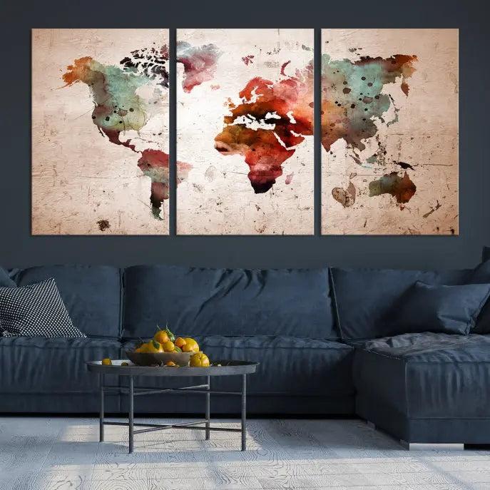 Watercolor World Map Wall Art Canvas Print 