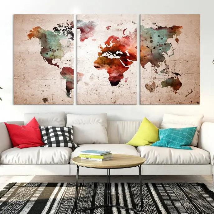 Watercolor World Map Wall Art Canvas Print 