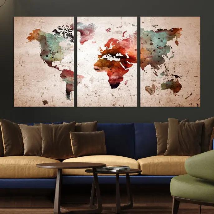 Watercolor World Map Wall Art Canvas Print 