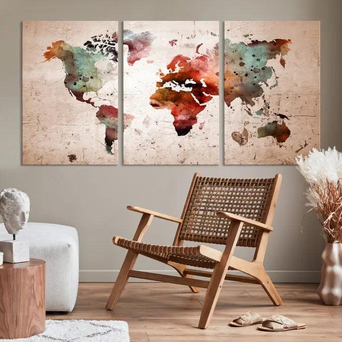 Watercolor World Map Wall Art Canvas Print 