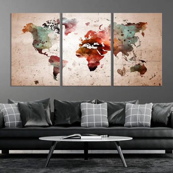 Watercolor World Map Wall Art Canvas Print 