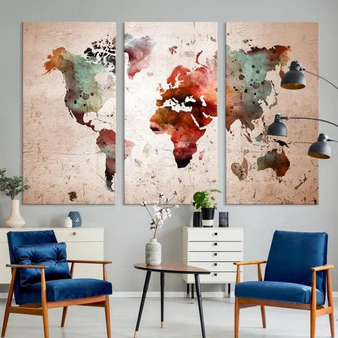 Watercolor World Map Wall Art Canvas Print 