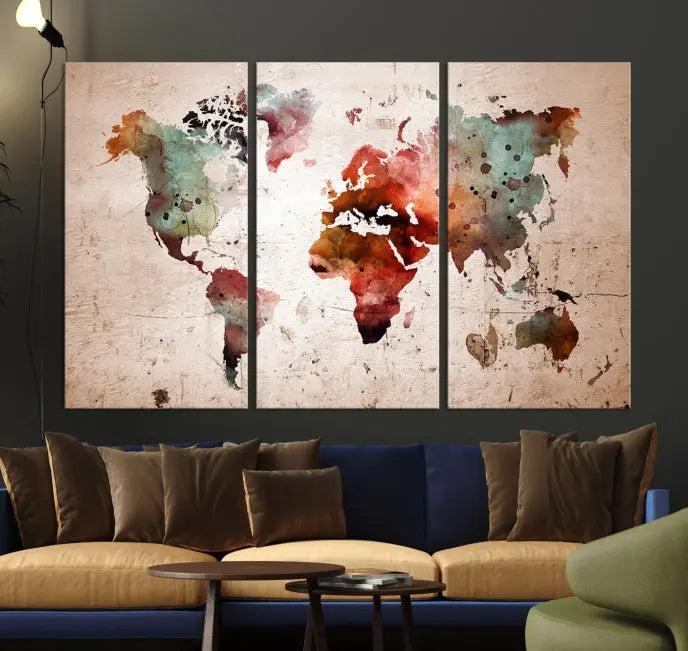 Watercolor World Map Wall Art Canvas Print 