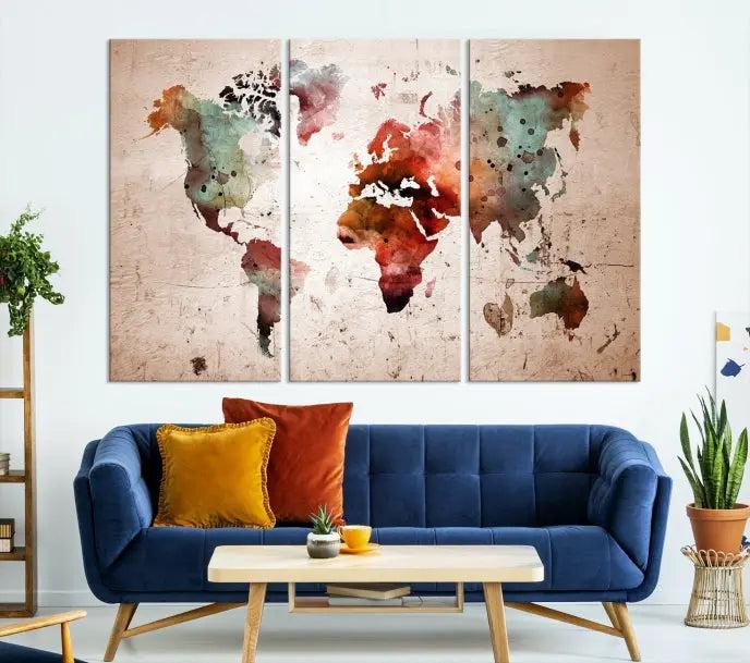 Watercolor World Map Wall Art Canvas Print 