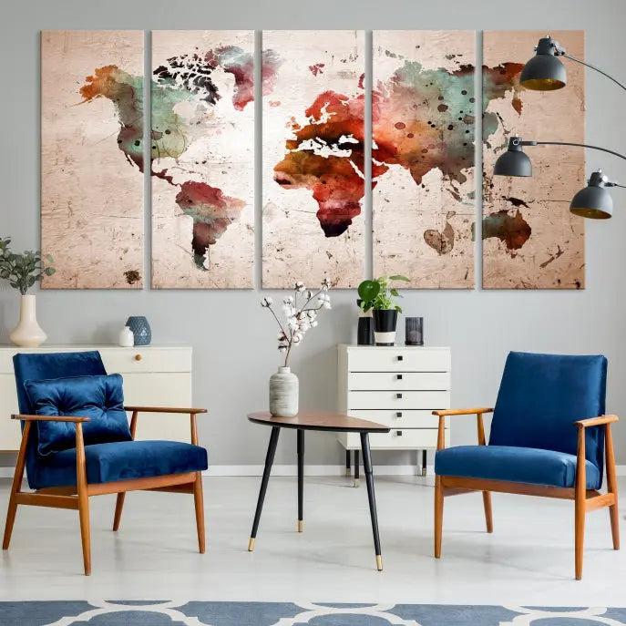 Watercolor World Map Wall Art Canvas Print 