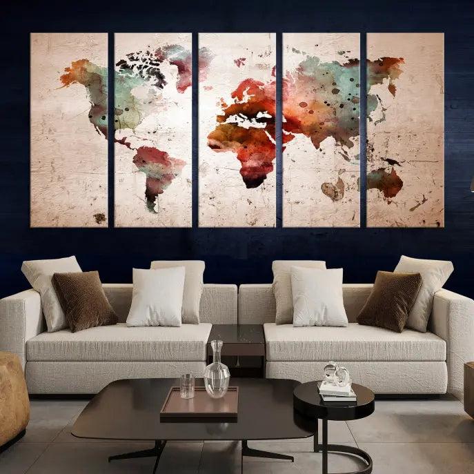 Watercolor World Map Wall Art Canvas Print 