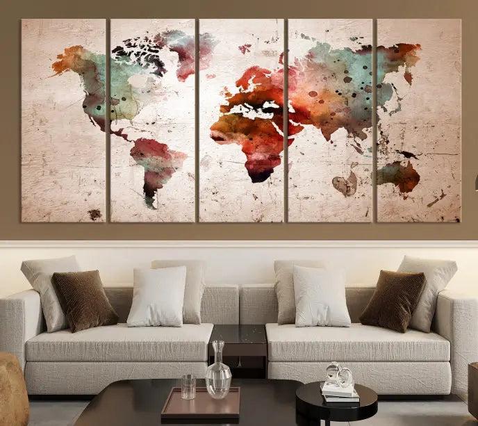 Watercolor World Map Wall Art Canvas Print 