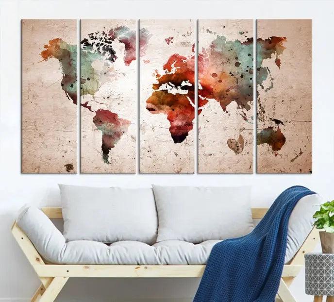 Watercolor World Map Wall Art Canvas Print 