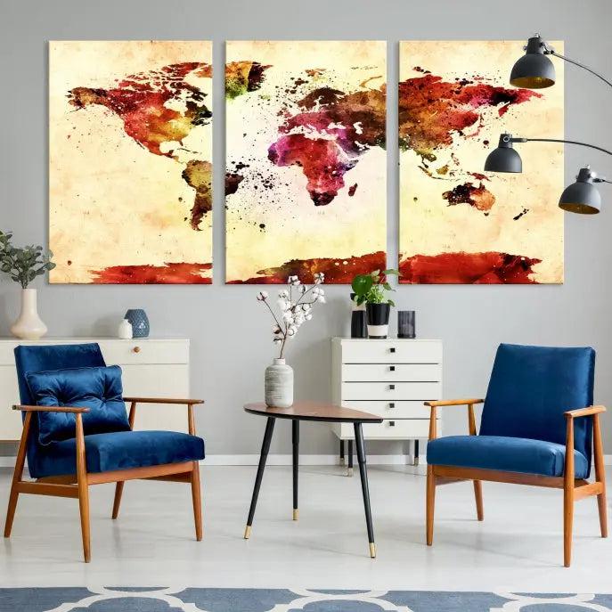 Watercolor World Map Wall Art Canvas Print 