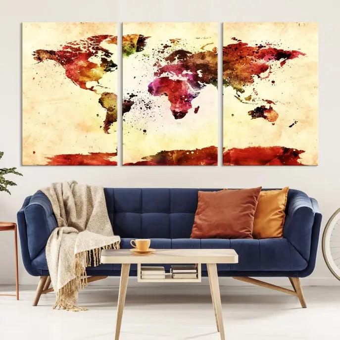 Watercolor World Map Wall Art Canvas Print 