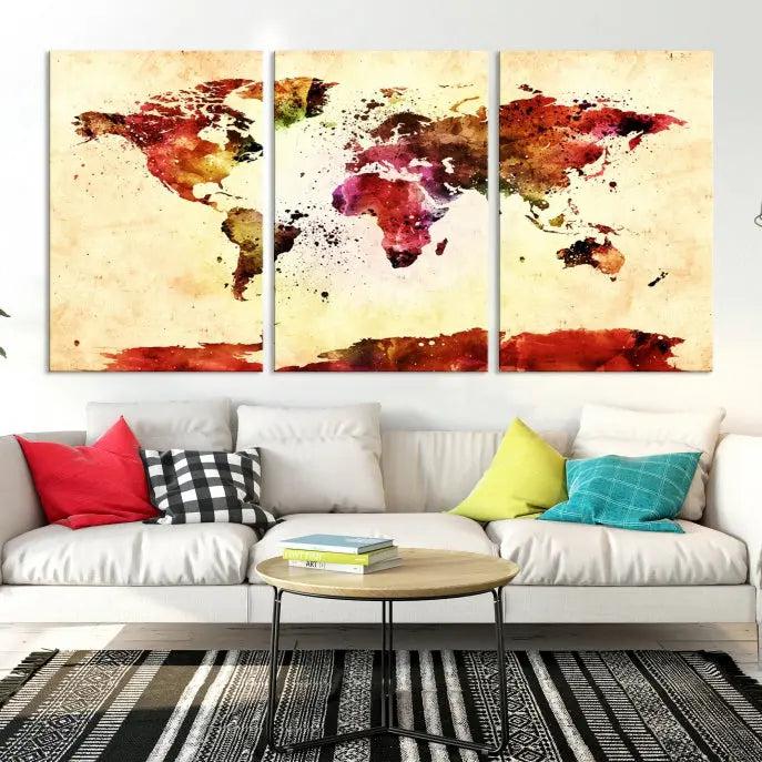 Watercolor World Map Wall Art Canvas Print 