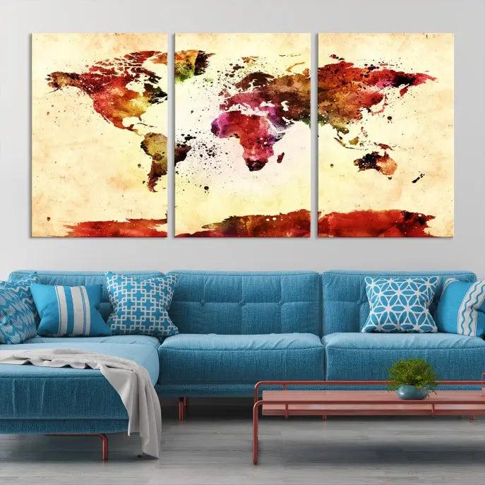 Watercolor World Map Wall Art Canvas Print 