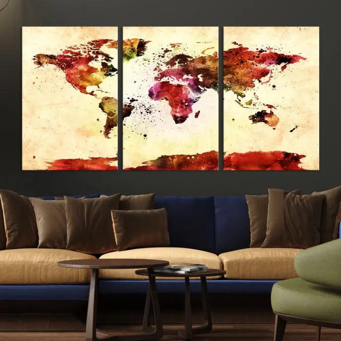 Watercolor World Map Wall Art Canvas Print 