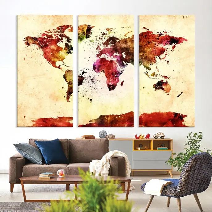 Watercolor World Map Wall Art Canvas Print 