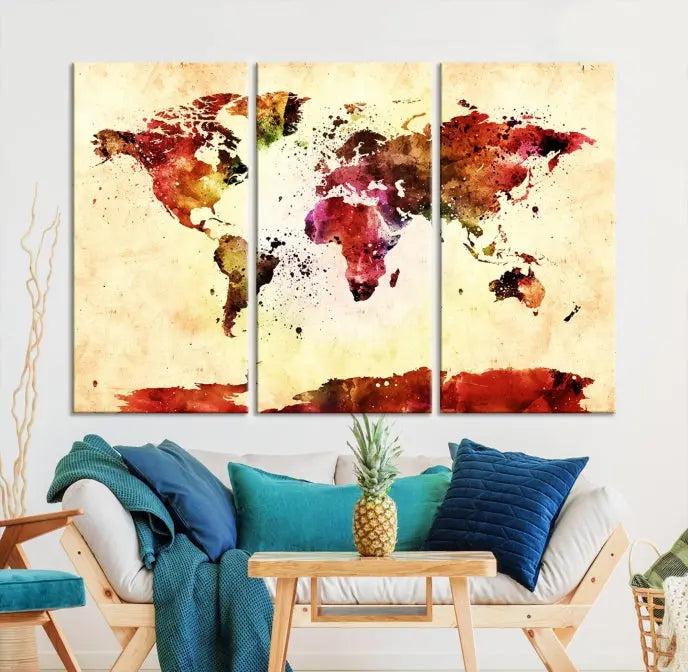 Watercolor World Map Wall Art Canvas Print 