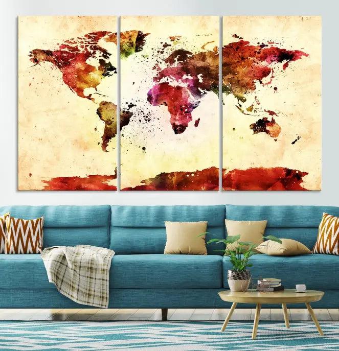 Watercolor World Map Wall Art Canvas Print 