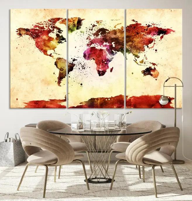 The "Watercolor World Map Wall Art Canvas Print" features three panels in vibrant colors on a gallery-wrapped, museum-quality canvas with UV-protective coating, decorating the wall.