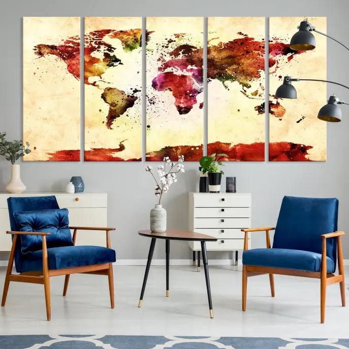 The "Watercolor World Map Wall Art Canvas Print" features three panels in vibrant colors on a gallery-wrapped, museum-quality canvas with UV-protective coating, decorating the wall.