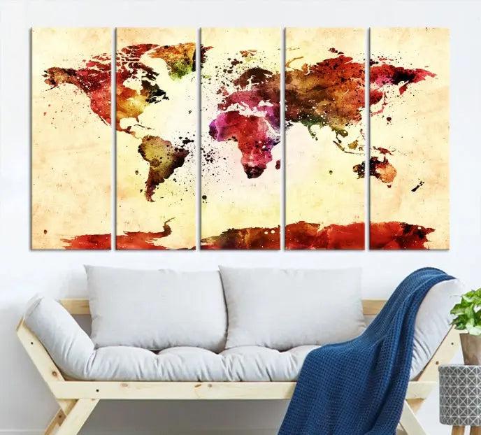 Watercolor World Map Wall Art Canvas Print 