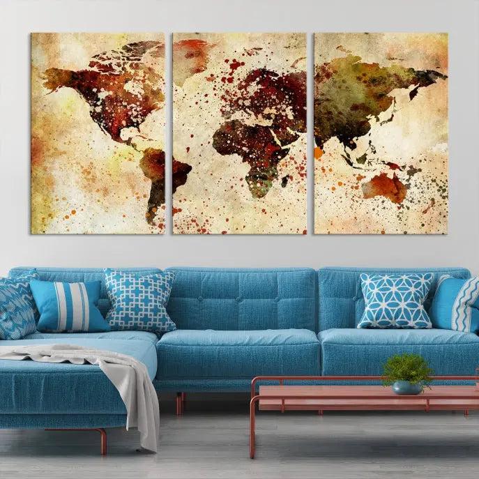 Watercolor World Map Wall Art Canvas Print 