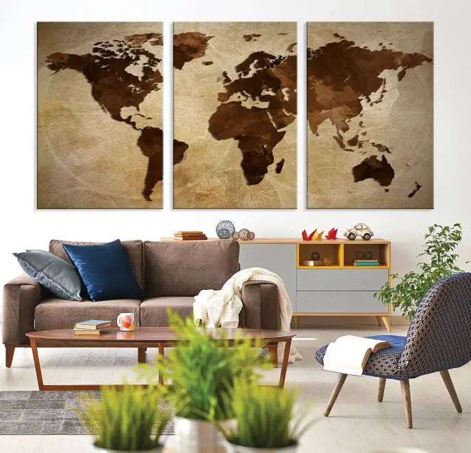 A Watercolor World Map Canvas Print adorns the wall.