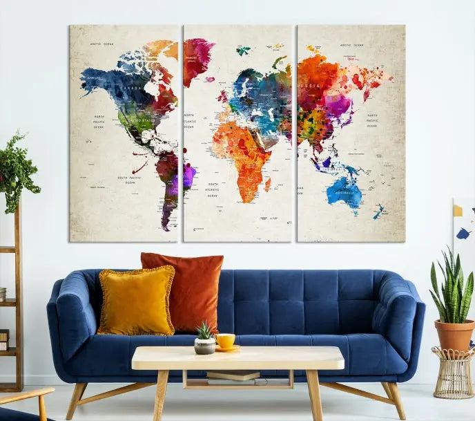 Watercolor World Map Wall Art Canvas Print 