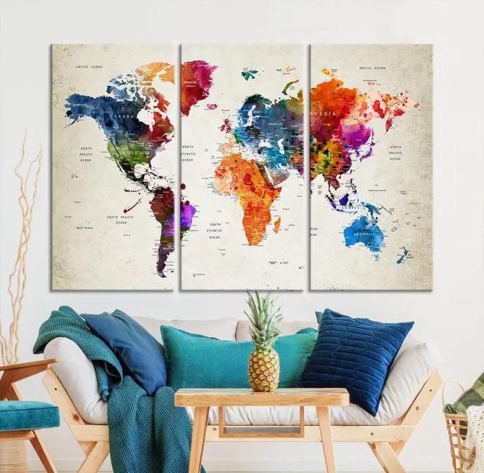 Watercolor World Map Wall Art Canvas Print 