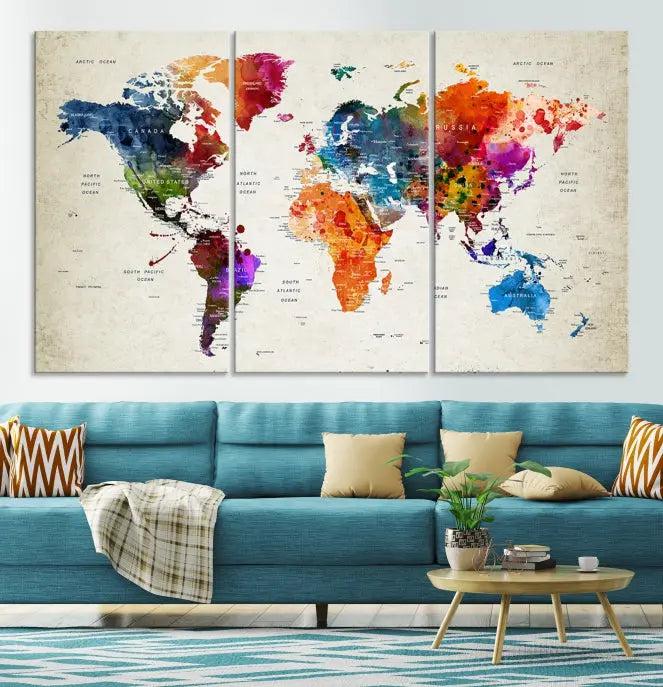 Watercolor World Map Wall Art Canvas Print 