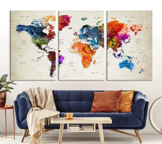 Watercolor World Map Wall Art Canvas Print 