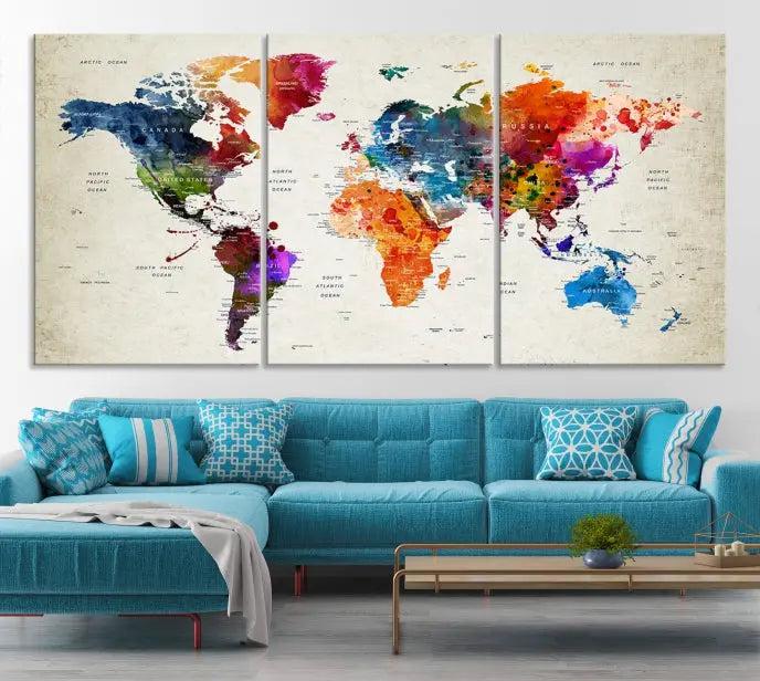 Watercolor World Map Wall Art Canvas Print 