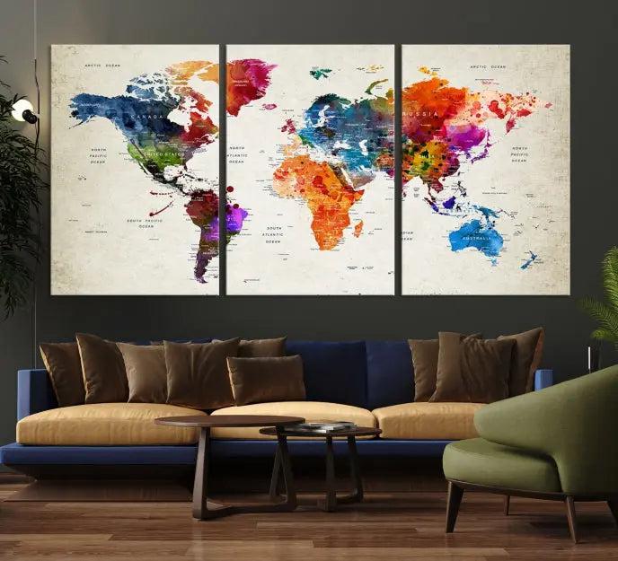 Watercolor World Map Wall Art Canvas Print 