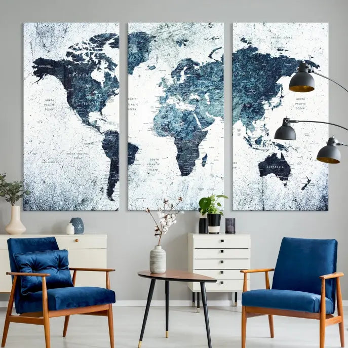 The "Watercolor World Map Wall Art Canvas Print," treated with a UV-protective coating to maintain its vivid colors, is displayed in a modern living room.