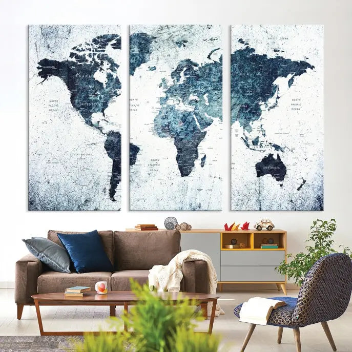 The "Watercolor World Map Wall Art Canvas Print," treated with a UV-protective coating to maintain its vivid colors, is displayed in a modern living room.