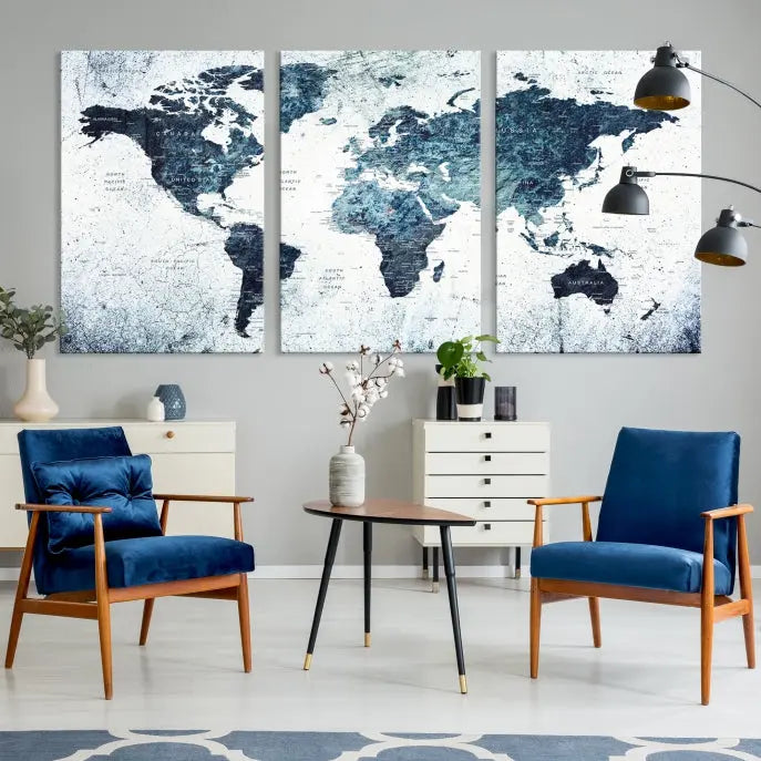 The "Watercolor World Map Wall Art Canvas Print," treated with a UV-protective coating to maintain its vivid colors, is displayed in a modern living room.