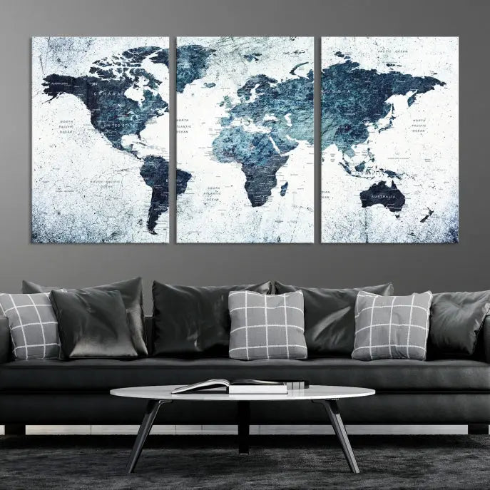 The "Watercolor World Map Wall Art Canvas Print," treated with a UV-protective coating to maintain its vivid colors, is displayed in a modern living room.