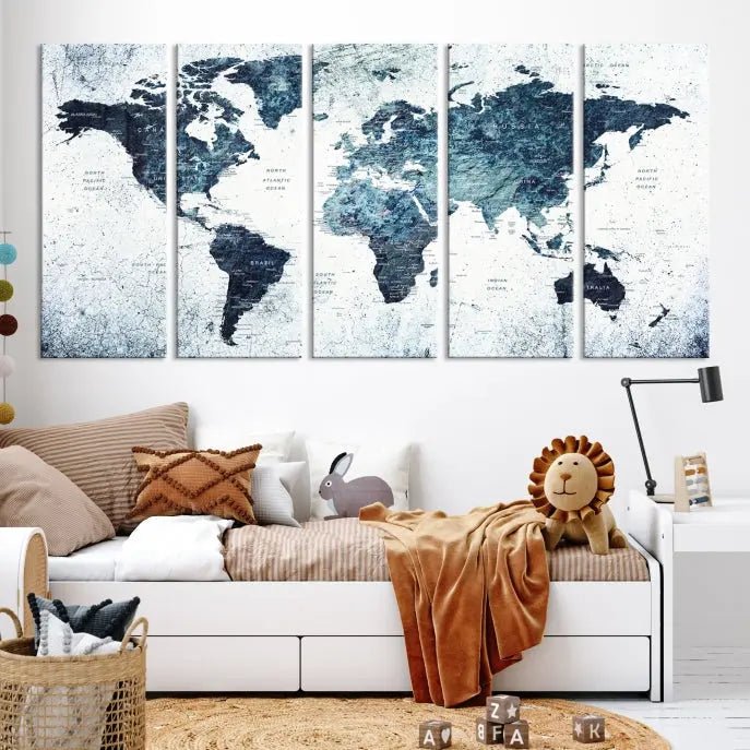 The "Watercolor World Map Wall Art Canvas Print," treated with a UV-protective coating to maintain its vivid colors, is displayed in a modern living room.