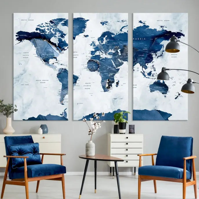 A Watercolor World Map Wall Art Canvas Print, crafted on museum-quality canvas and finished with a UV-protective coating, is an elegant addition to your home decor. Enjoy free shipping when you add this beautiful piece to your collection.