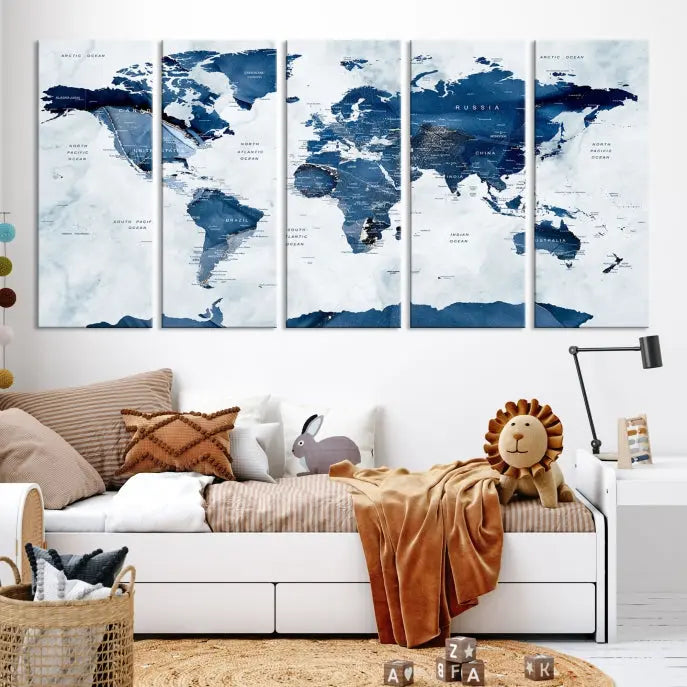 A Watercolor World Map Wall Art Canvas Print, crafted on museum-quality canvas and finished with a UV-protective coating, is an elegant addition to your home decor. Enjoy free shipping when you add this beautiful piece to your collection.