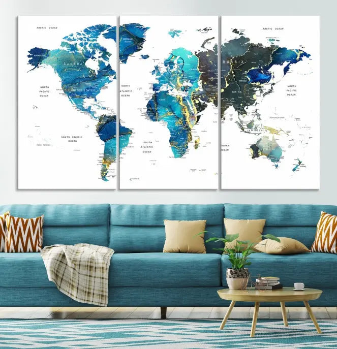 A hand-assembled, three-panel Watercolor World Map Wall Art Canvas Print in shades of blue and green adds a ready-to-hang touch of elegance to the living room.