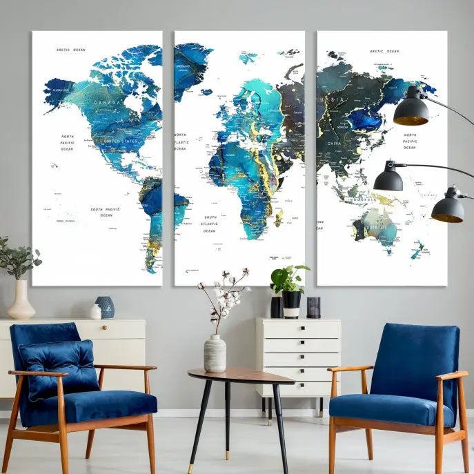 A hand-assembled, three-panel Watercolor World Map Wall Art Canvas Print in shades of blue and green adds a ready-to-hang touch of elegance to the living room.