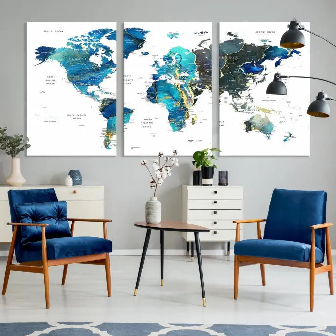 A hand-assembled, three-panel Watercolor World Map Wall Art Canvas Print in shades of blue and green adds a ready-to-hang touch of elegance to the living room.