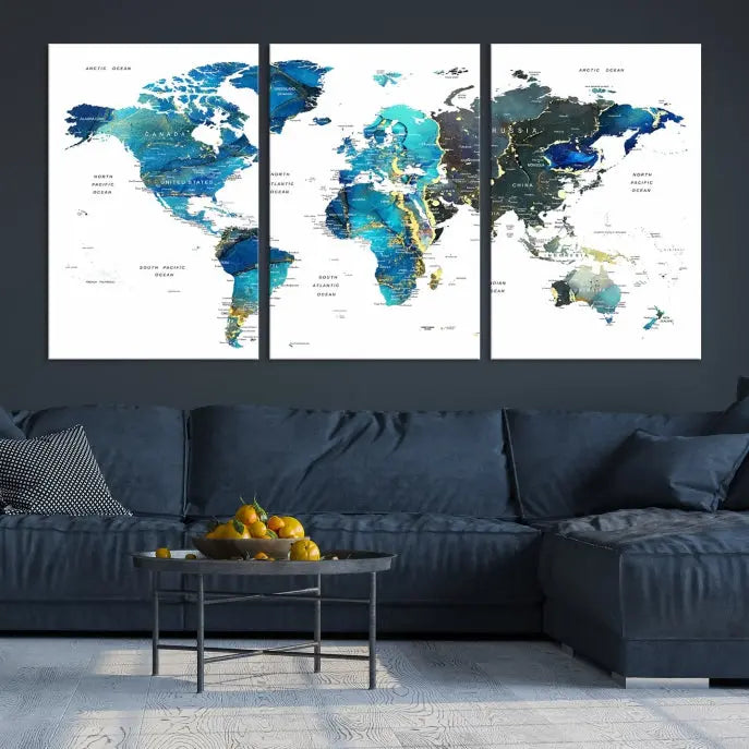 A hand-assembled, three-panel Watercolor World Map Wall Art Canvas Print in shades of blue and green adds a ready-to-hang touch of elegance to the living room.