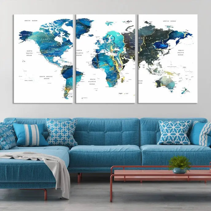 A hand-assembled, three-panel Watercolor World Map Wall Art Canvas Print in shades of blue and green adds a ready-to-hang touch of elegance to the living room.