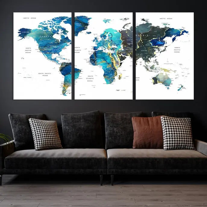 A hand-assembled, three-panel Watercolor World Map Wall Art Canvas Print in shades of blue and green adds a ready-to-hang touch of elegance to the living room.