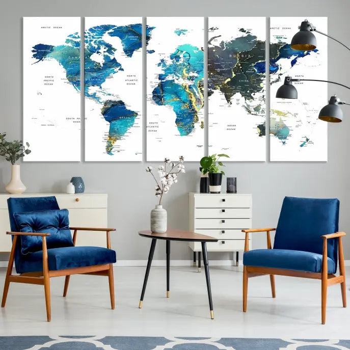 A hand-assembled, three-panel Watercolor World Map Wall Art Canvas Print in shades of blue and green adds a ready-to-hang touch of elegance to the living room.