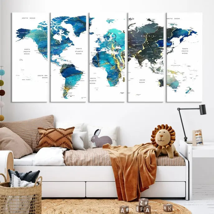 A hand-assembled, three-panel Watercolor World Map Wall Art Canvas Print in shades of blue and green adds a ready-to-hang touch of elegance to the living room.